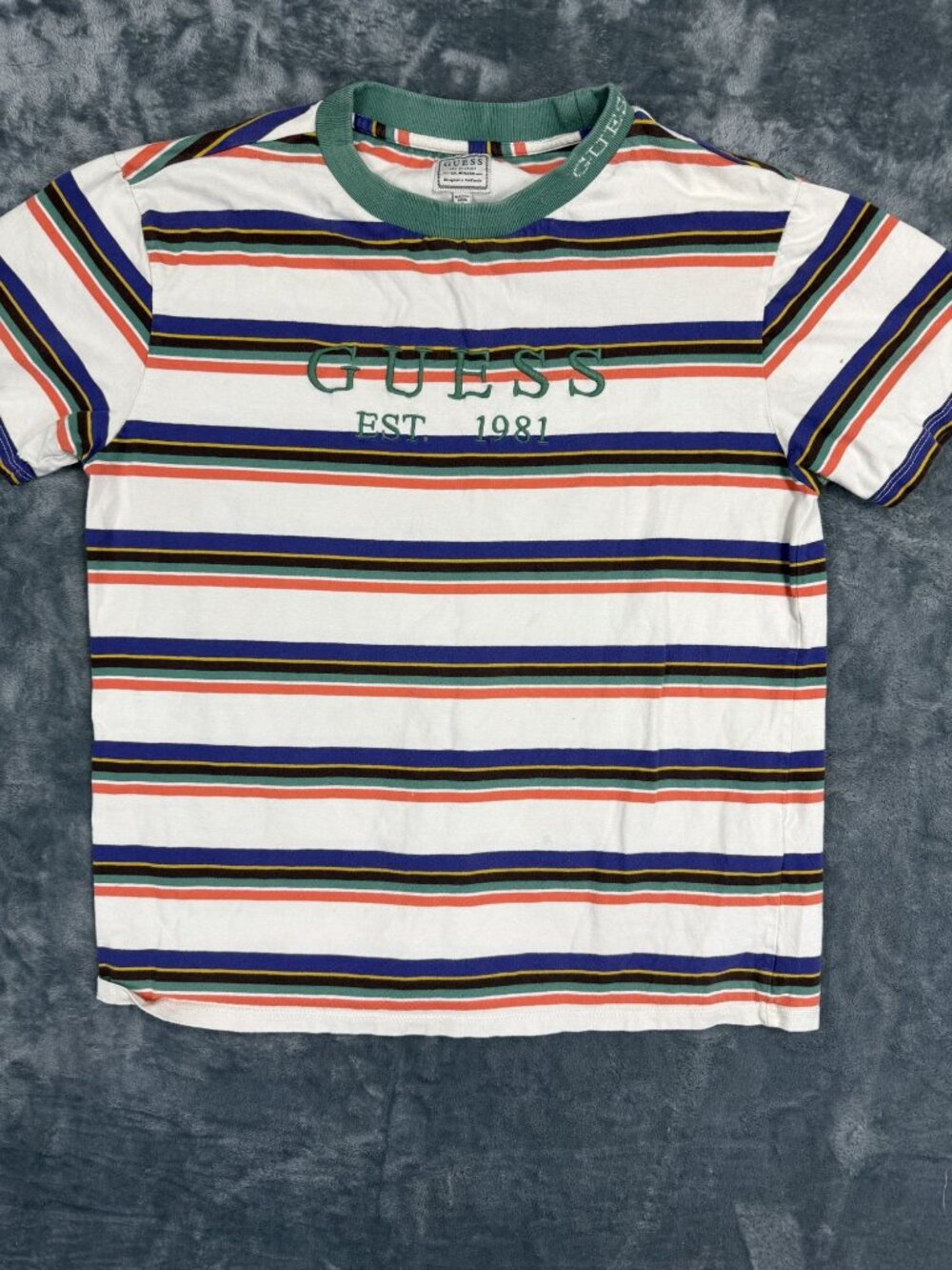 Guess Striped T-Shirt With Embroidered Logo White Multi-Color Small